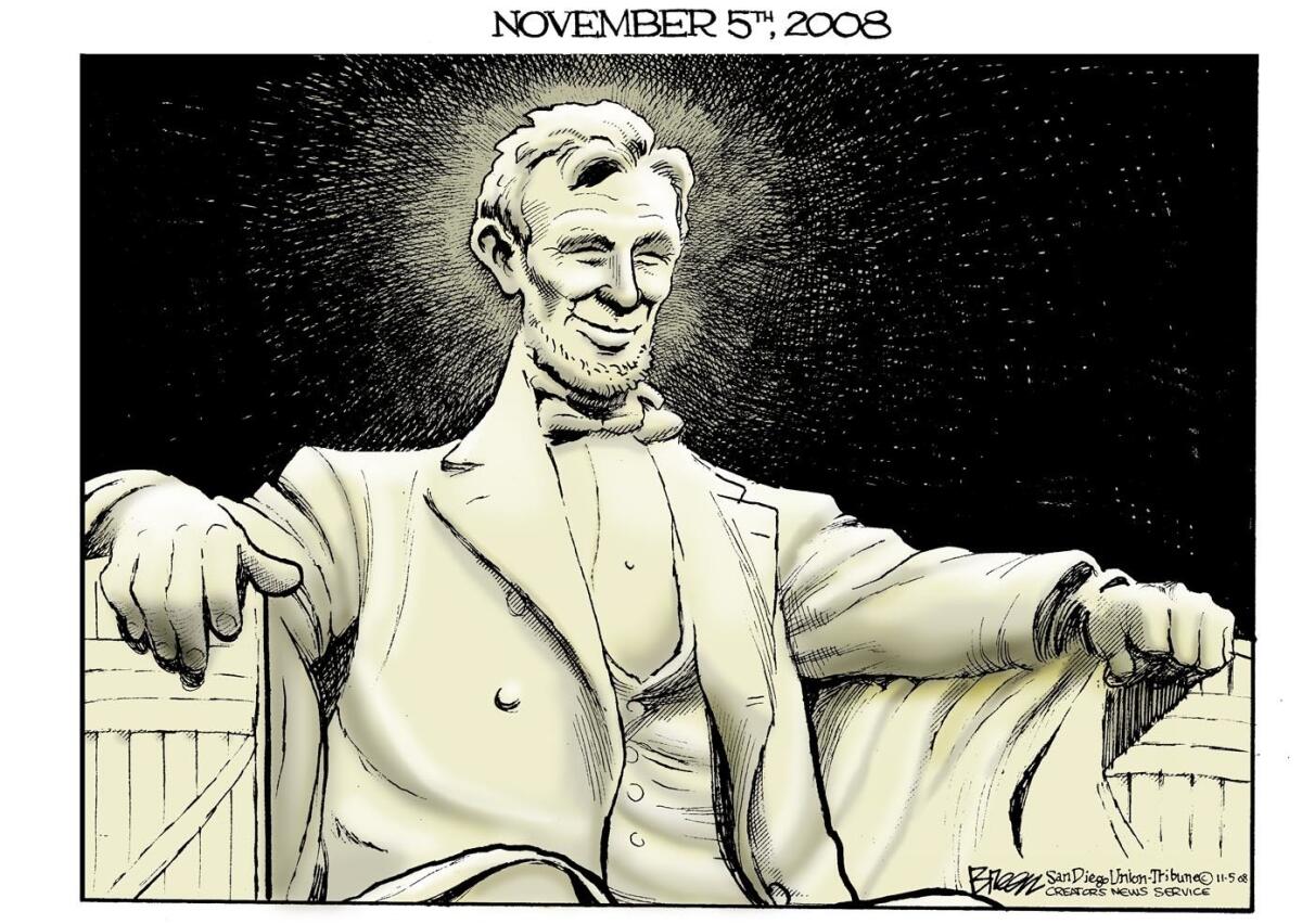 Steve Breen editorial cartoon on Nov. 5, 2008, one day after Barack Obama was elected as the 44th President of the Untied States.