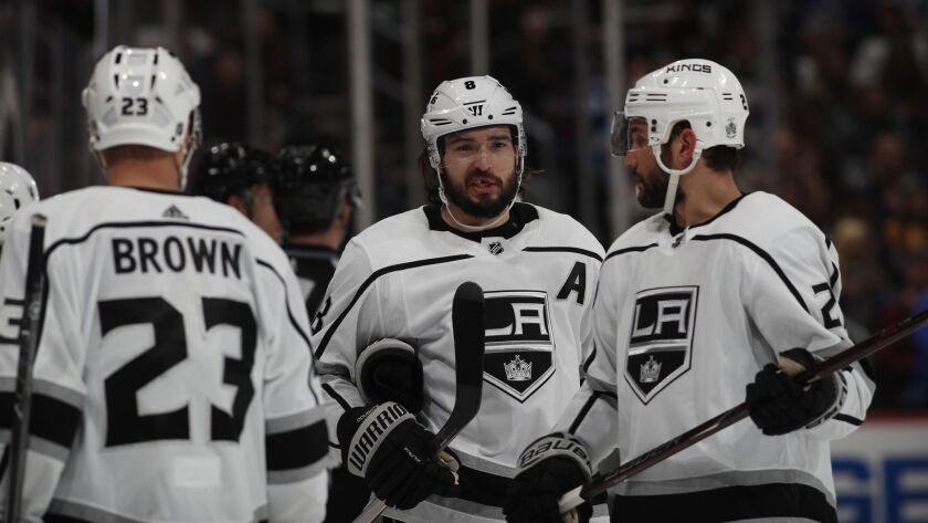 Kings defenseman Drew Doughty (8) in the third period against the Colorado Avalanche on Jan. 19, 2019, in Denver. Colorado won 7-1.