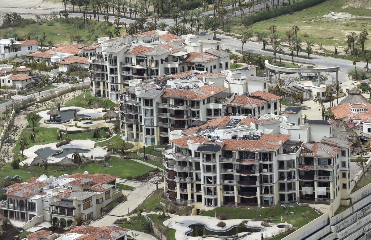 Buildings in Los Cabos' seaside resort zone show damage on Sept. 20, six days after Hurricane Odile struck the Baja Peninsula.