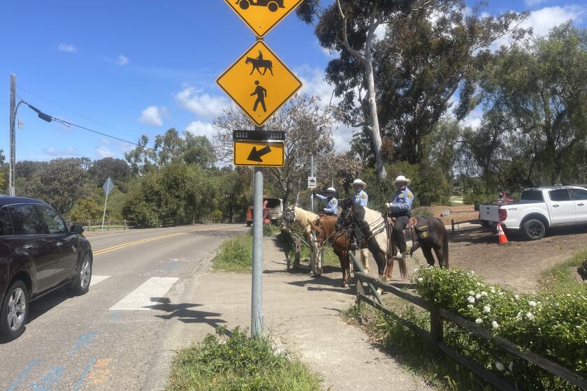 Members of the San Diego County Sheriff's Department's Volunteer Mounted Unit prepare to cross at La Granada.