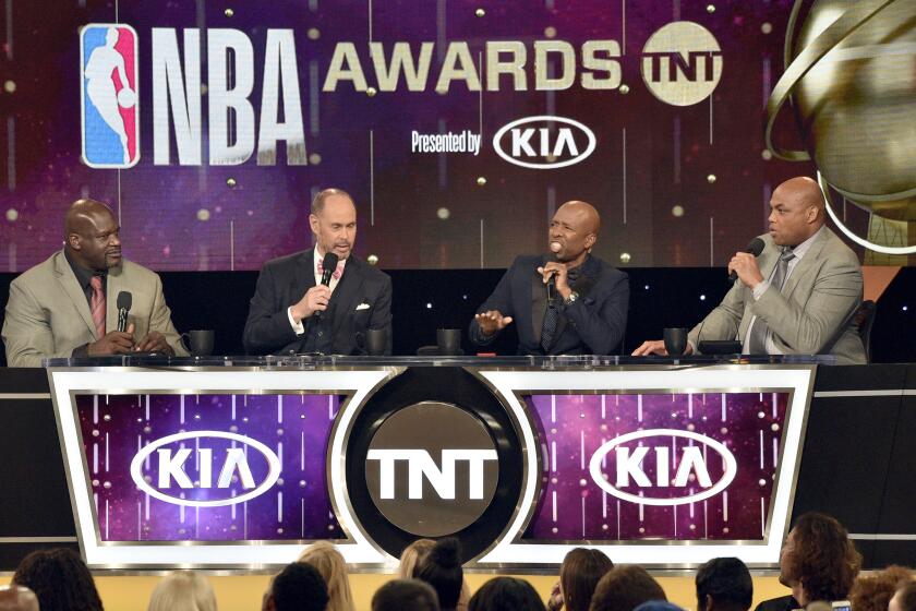 Shaquille O'Neal, from left, Ernie Johnson, Kenny Smith and Charles Barkley speak at the NBA Awards 