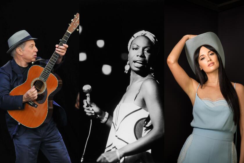 (L-R)- Photographs of Paul Simon, Nina Simone, Kacey Musgraves, and Sly Stone in a quadriptych to illustrate "38 life-affirming albums to get you though self-quarantine." Credit (L-R): Jim Dyson/Getty Images; Getty Images; Michael Nagle/For The Times; Mel Melcon / Los Angeles Times