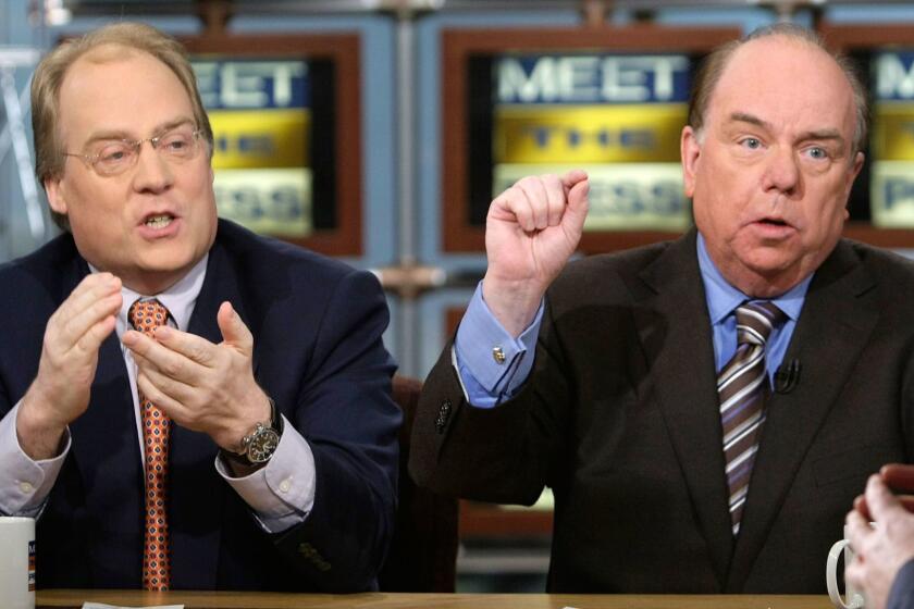 WASHINGTON - APRIL 13: Republican strategist Mike Murphy (L) and Democratic strategist Bob Shrum (R) speak during a taping of "Meet the Press" at the NBC studios April 13, 2008 in Washington, DC. The guests discussed topics related to the presidential race of 2008. (Photo by Alex Wong/Getty Images for Meet the Press) ** OUTS - ELSENT, FPG, CM - OUTS * NM, PH, VA if sourced by CT, LA or MoD **