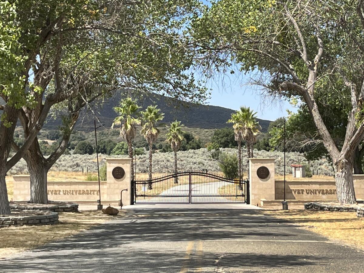 A roadway with a gate, flanked by trees