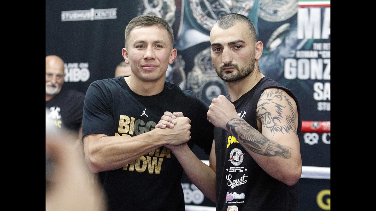 Boxing's longest-reigning world champion Gennady Golovkin and Glendale local Vanes Martirosyan pose for photos at a press event for their upcoming bout, at the Glendale Fighting Club on Monday, April 23, 2018. The boxers will meet on May 5, 2018 at the StubHub Center in Los Angeles.
