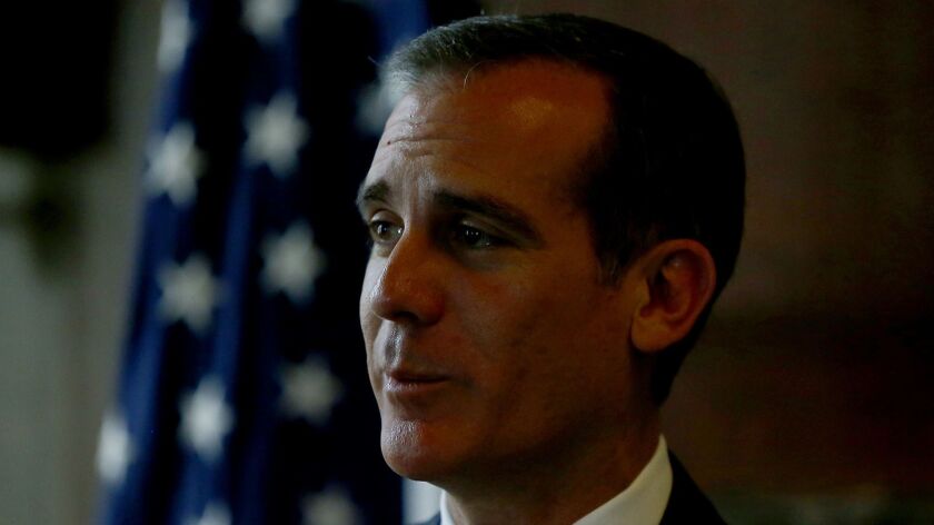 Los Angeles Mayor Eric Garcetti at a City Hall news conference Thursday where he released his proposed 2019-20 budget.