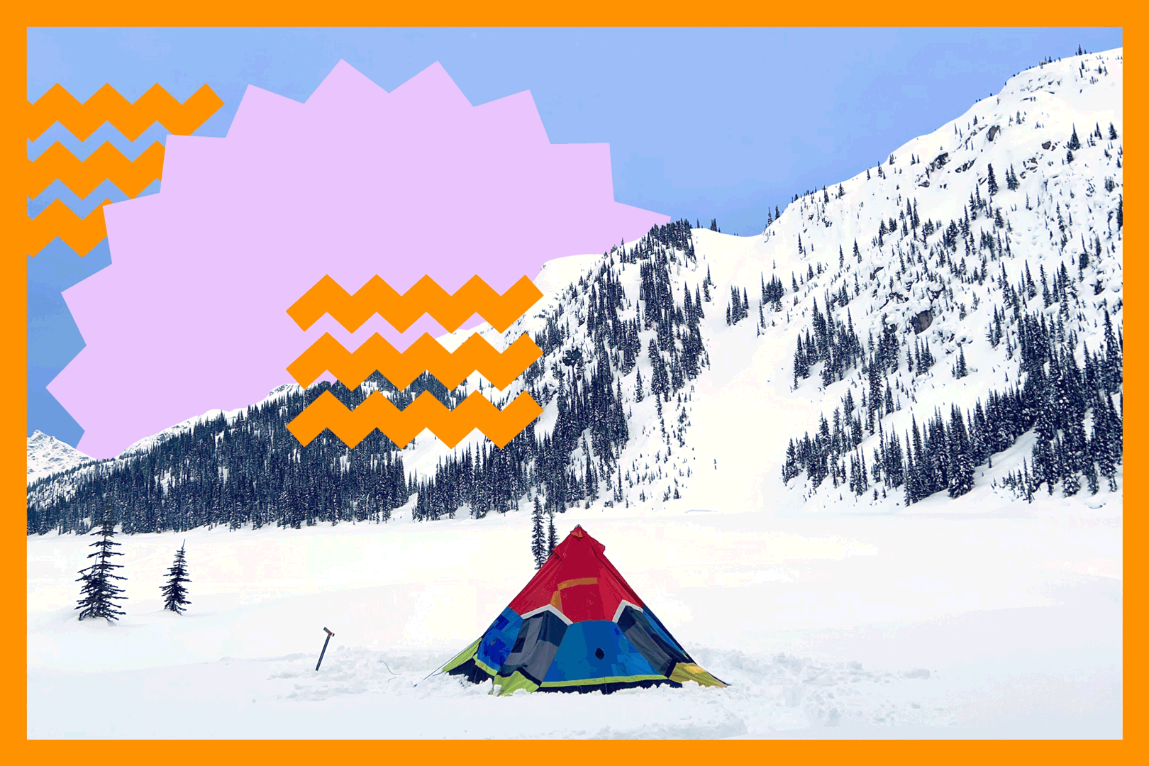 A tent at the foot of a snowy mountain.