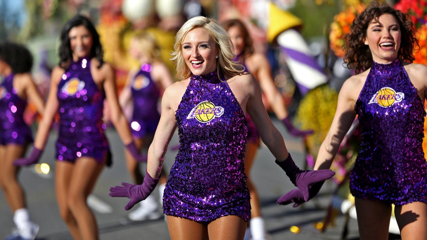 Laker girls with the team's float, "Every Second is an Adventure," during the 2016 Rose Parade.