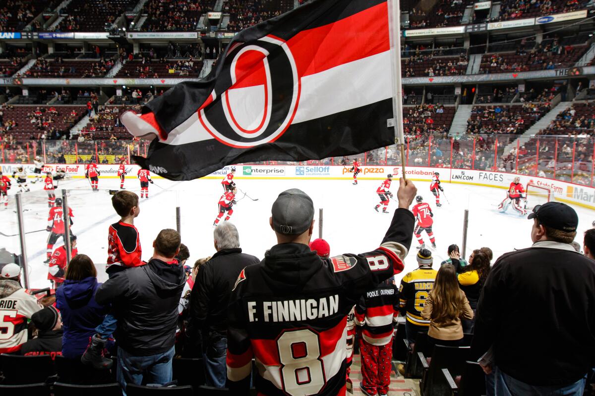An Ottawa Senators fan waves a team flag before a game against the Boston Bruins on March 10.