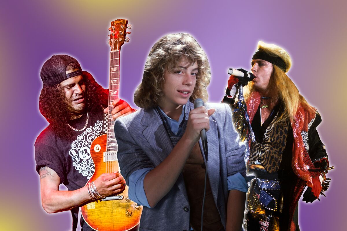 A photo collage of Bret Michaels and Leif Garrett holding microphones and Slash, holding a guitar