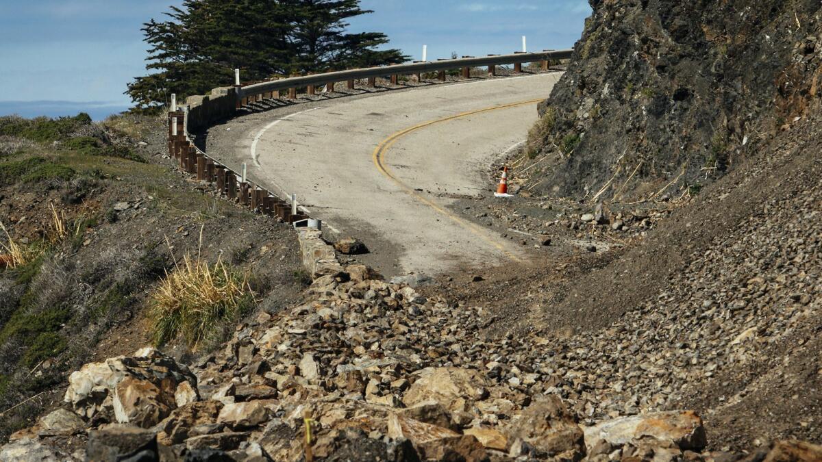 The work on Highway 1 near Mud Creek as of March 8. The north side is covered in debris as work above the road continues to release loose debris as part of the construction process.