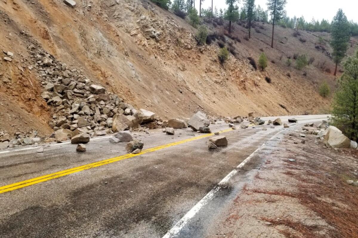 A rockslide near Lowman, Idaho, after an earthquake Tuesday.