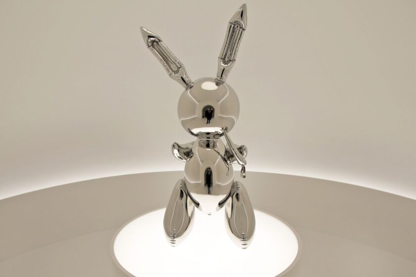 "Rabbit" by Jeff Koons is displayed during a media preview at Christie's in New York, Friday, May 3, 2019. This sculpture along with other artworks will be sold in series of auctions starting on May 13, 2019. (AP Photo/Seth Wenig)