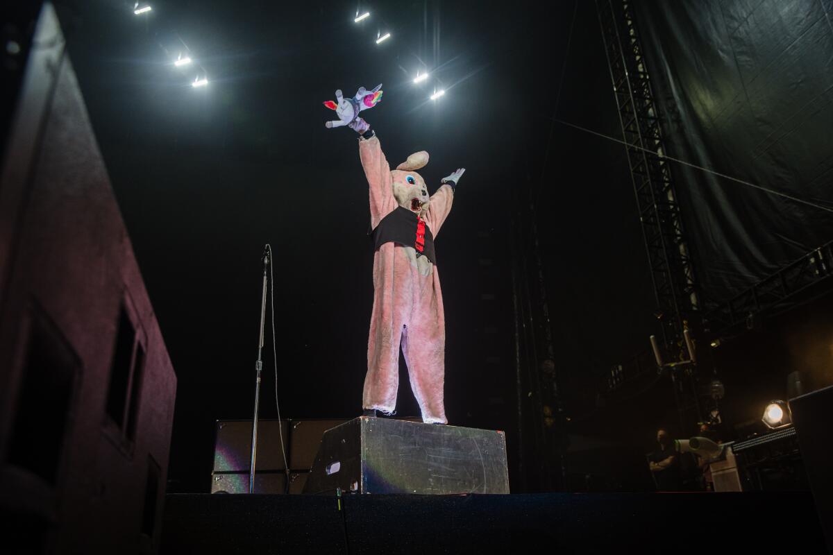 A pink bunny on stage before Green Day plays