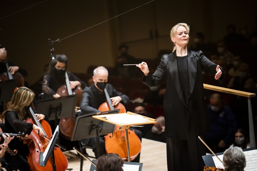 Susanna Mälkki conducts the New York Philharmonic at Carnegie Hall in New York on Jan. 6, 2022. (Chris Lee/New York Philharmonic via AP)