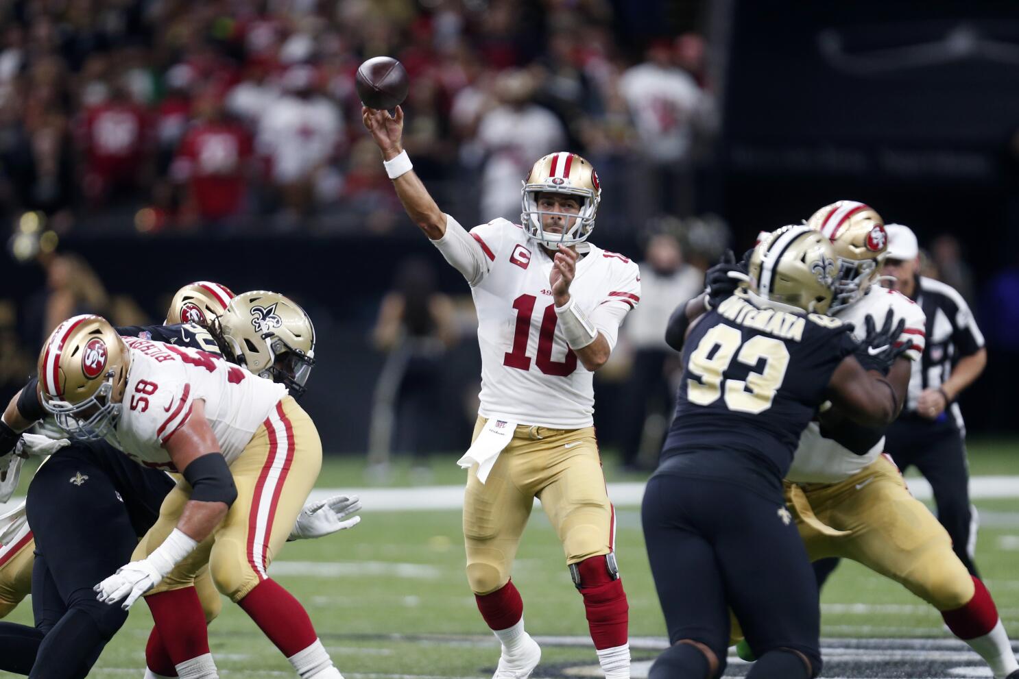 Garoppolo's 4 TD passes help 49ers top Saints, 48-46 - The San Diego  Union-Tribune