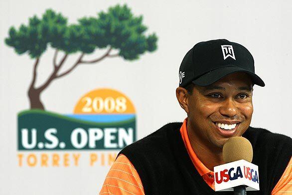 Tiger Woods speaks to the media during the second day of practice for the U.S. Open at the Torrey Pines Golf Course.