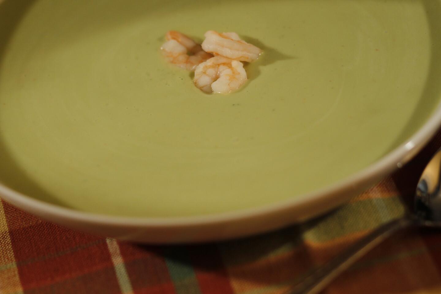 Chilled avocado and watercress soup with shrimp is so rich and creamy.