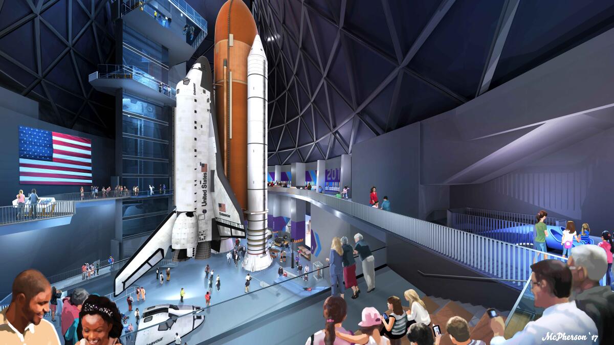 A drawing of people viewing a space shuttle in a museum