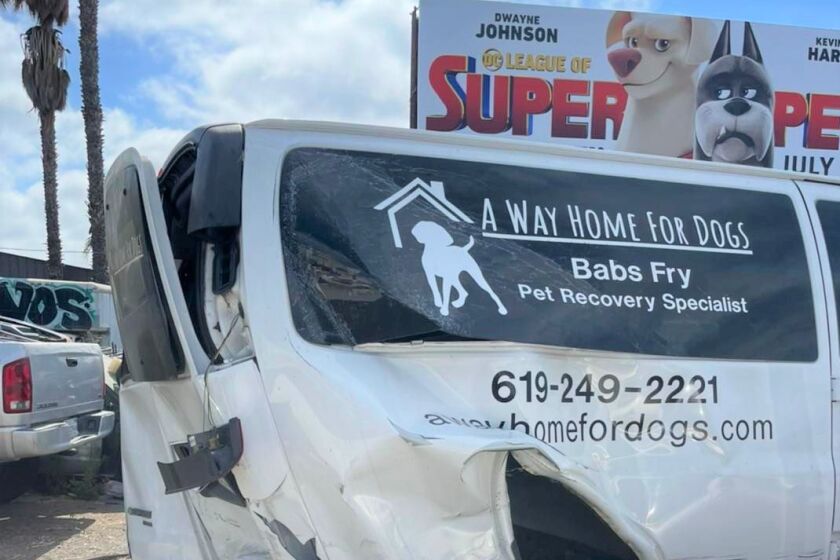 Pet tracker Bab Fry''s van was totaled in a freeway accident and the superhero pets on the billboard don't look too happy.