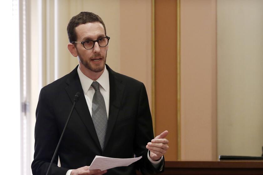 In this Sept. 12, 2019, photo, state Sen. Scott Wiener addresses the state Senate at the Capitol in Sacramento, Calif.,