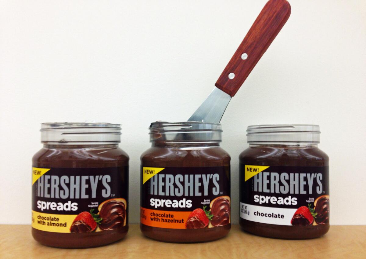 Hershey's chocolate spreads come in three flavors: chocolate with almond, chocolate with hazelnut and plain chocolate.