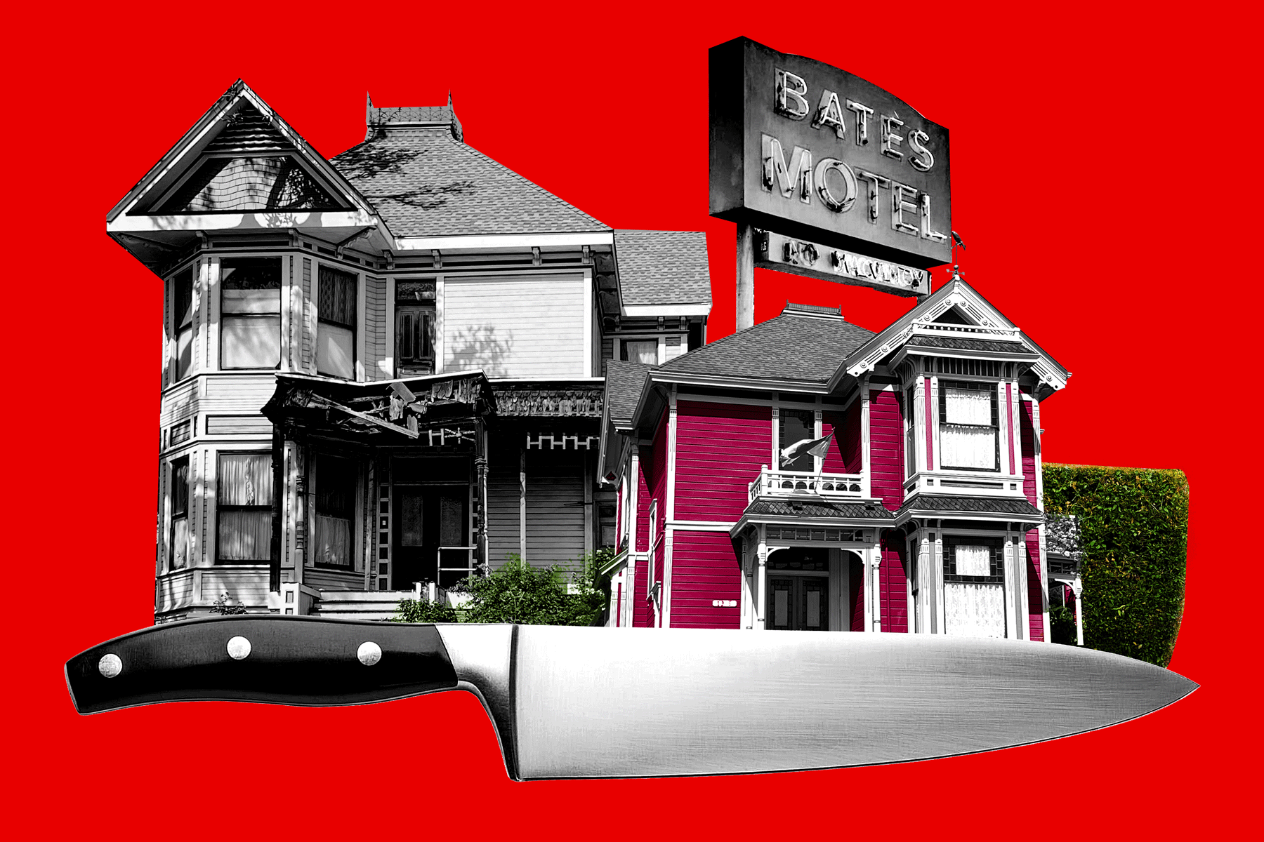 A photo collage of houses from the list with a blinking Bates Motel sign and a large knife.