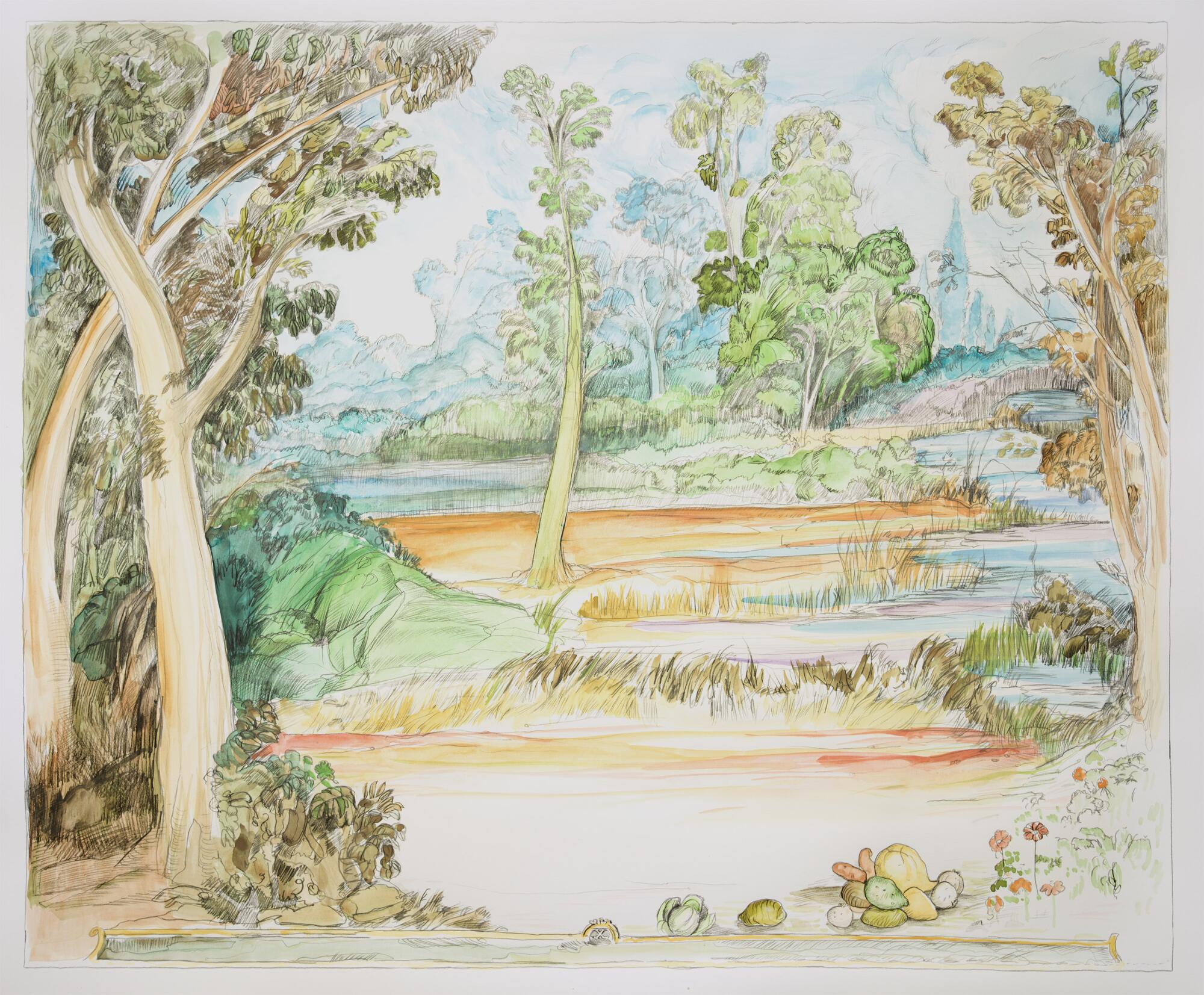 A watercolor painting showing an airy wooded area, the people removed.