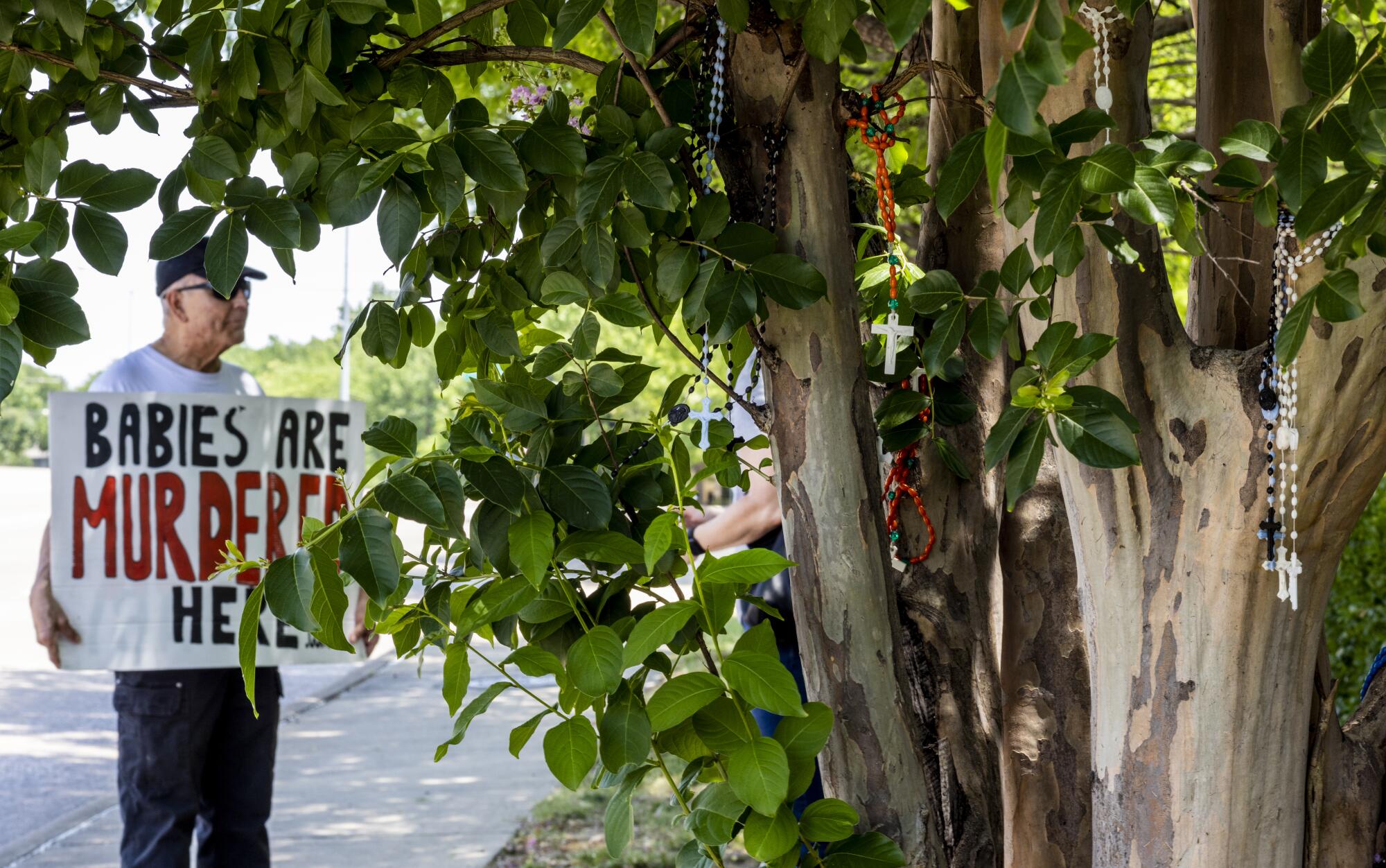 A man holding a sign near a tree