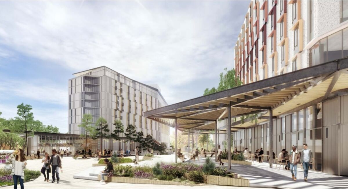 A rendering depicts UC San Diego's planned Theatre District Living and Learning Neighborhood.