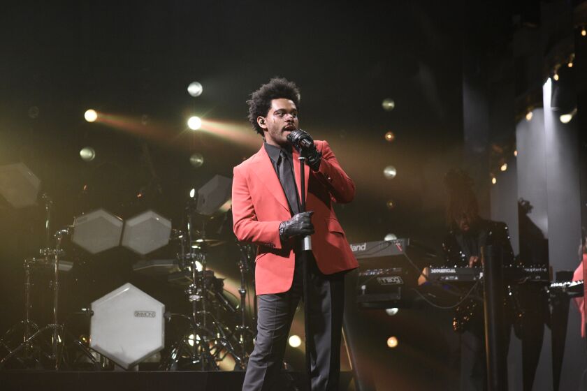 SATURDAY NIGHT LIVE -- "Daniel Craig" Episode 1782 -- Pictured: Musical guest The Weeknd performs on Saturday, March 7, 2020 -- (Photo by: Will Heath/NBC/NBCU Photo Bank via Getty Images)