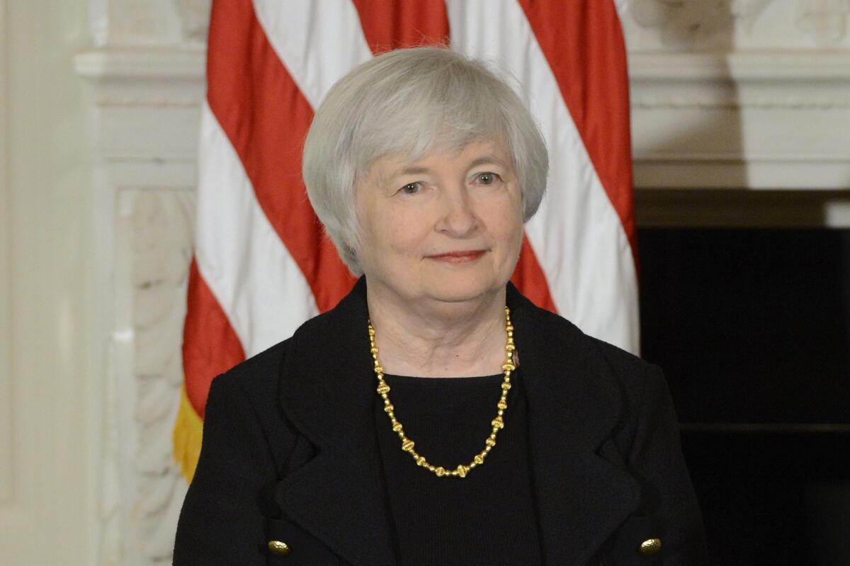 Janet Yellen listens to President Obama announce her as his nominee to replace Ben Bernanke as chairman of the Federal Reserve. If confirmed by the Senate, she would be the first Democrat to fill the position since 1987. Yellen is currently serving as the Vice Chairwoman of the Federal Reserve.