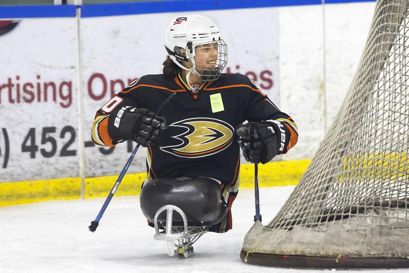 San Diego, CA_3_3_20_Each year, the Anaheim Ducks honor a fan as their 21st "player" or "Seventh Duck" as in their seventh skater on the ice. This season they honored Lera Doederlein, who was born with a condition called Arthrogryposis Multiplex Congenita (in both legs). After several surgeries and facing life in a wheelchair, Doederlein opted to have a double above-knee amputation in 2017 at the age of 14. Lera, 16, who participates in sled hockey, practices with her team at Utc Ice in San Diego. John Gastaldo photo