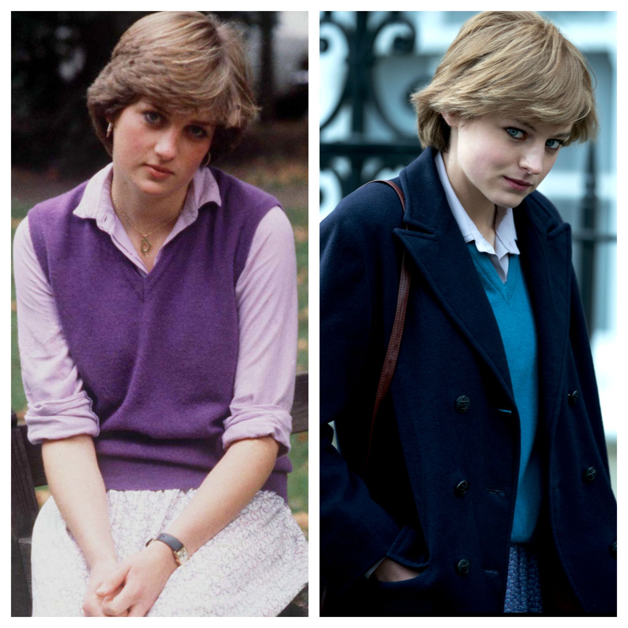 A side-by-side comparison of Diana, Princess of Wales, and actress Emma Corrin