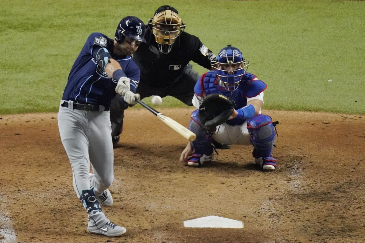 Tampa Bay's Kevin Kiermaier hits a home run against the Dodgers in the fifth inning.