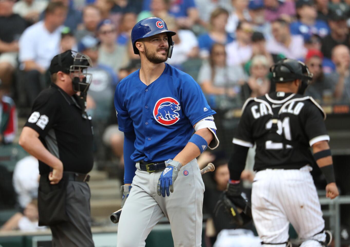Cubs third baseman Kris Bryant heads to the dugout after striking out to end the top of the fifth inning against the White Sox at Guaranteed Rate Field on Sept. 21, 2018.