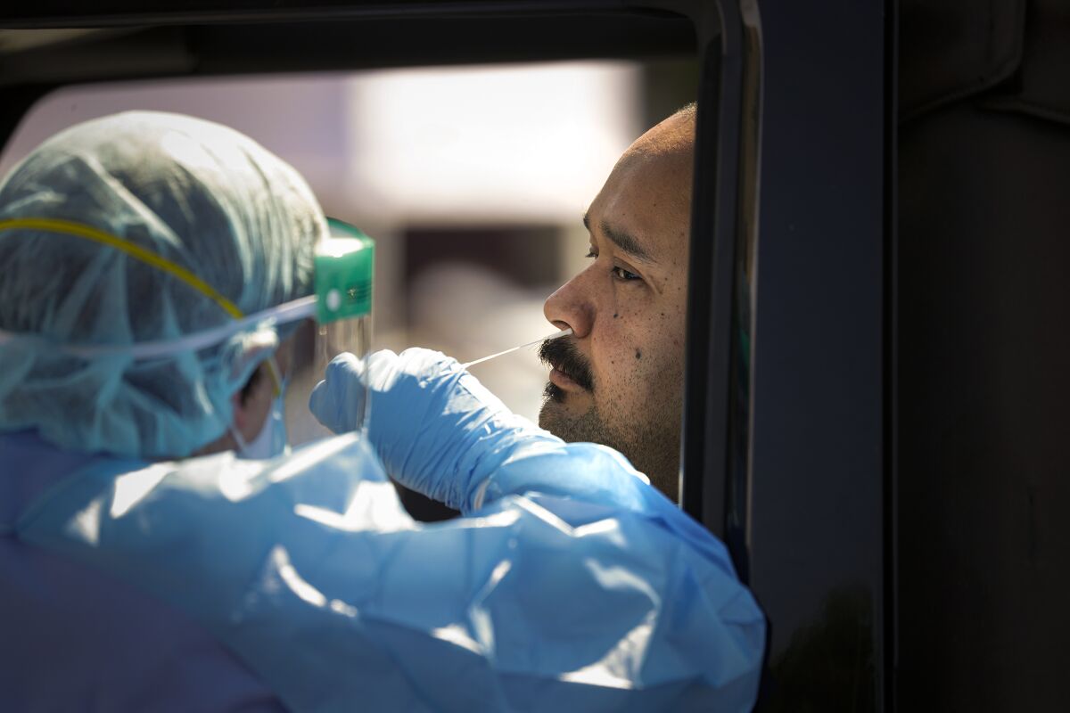 A healthcare worker collects a nasal swab from Victor Guardavo for novel coronavirus testing at a drive-through sample collection event in Montclair.