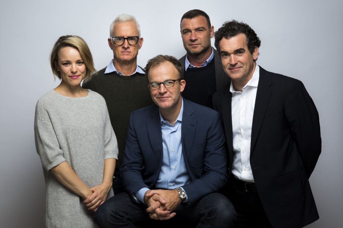 From left, Rachel McAdams, John Slattery, director Tom McCarthy, Liev Schreiber and Brian d'Arcy James photographed in the L.A. Times photo studio at the Toronto International Film Festival.
