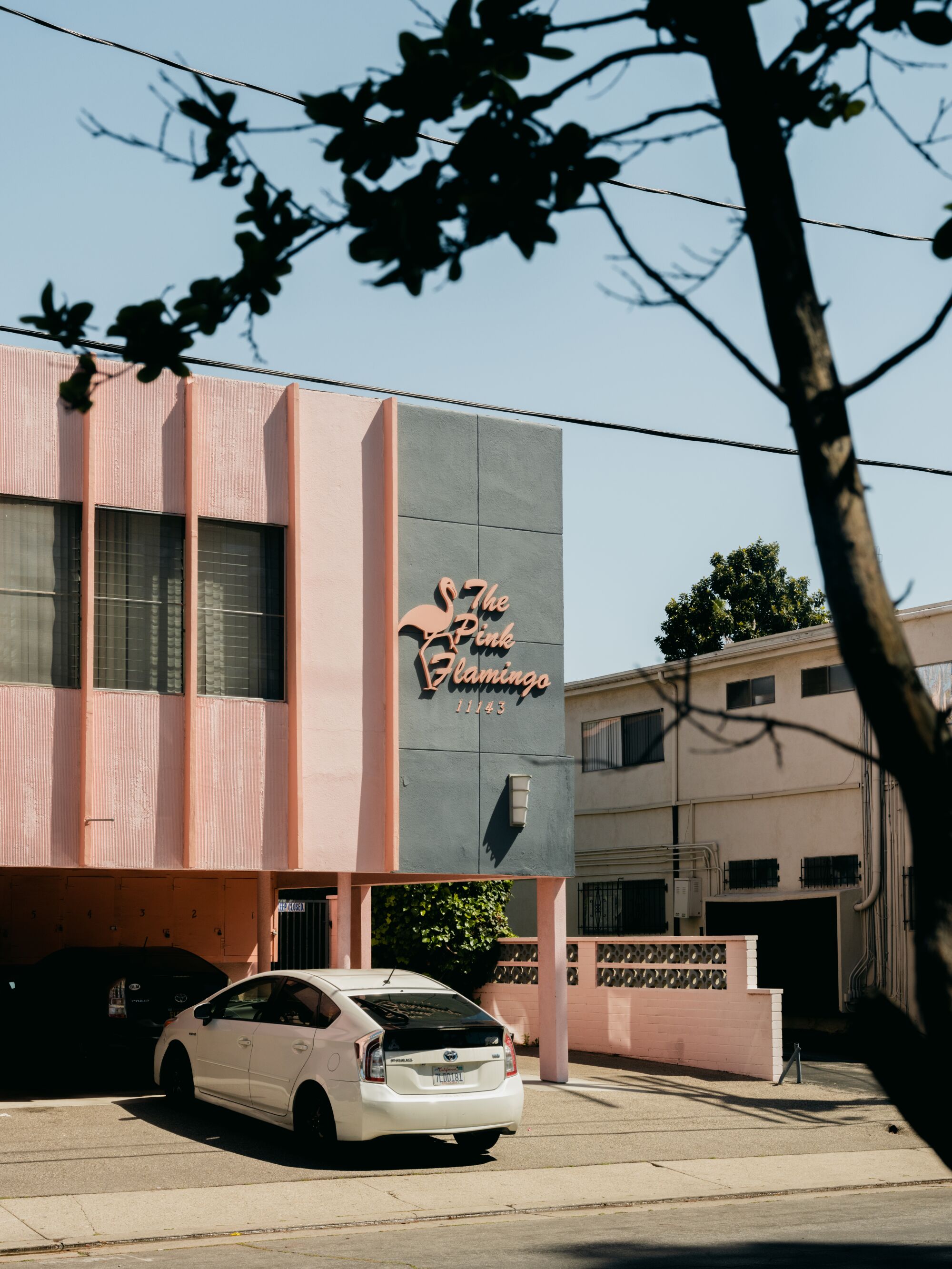 A pink and gray residential building named "The Pink Flamingo" with cars parked underneath