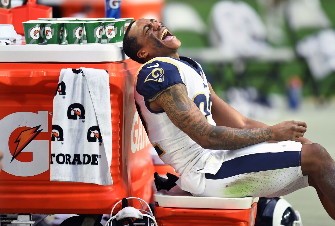 Rams cornerback Marcus Peters laughs on the sideline during a game against the Arizona Cardinals at State Farm Stadium on Sunday.