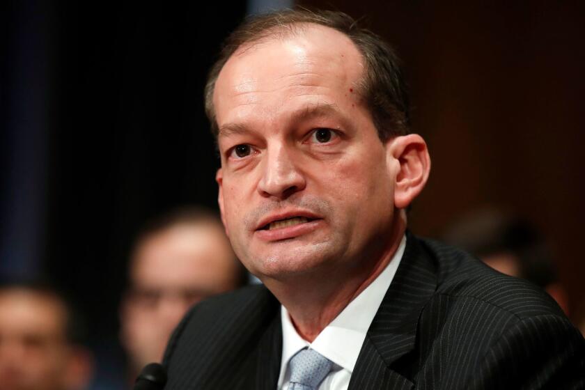 FILE - In this March 22, 2017, file photo, then-Labor secretary-designate Alexander Acosta testifies on Capitol Hill in Washington, at his confirmation hearing before the Senate Health, Education, Labor and Pensions Committee. Acosta, the son of Cuban immigrants and the only Latino in President Donald Trumpâs Cabinet, is defending a White House spending plan that would cut the governmentâs workforce policing civil rights laws. (AP Photo/Manuel Balce Ceneta, File)