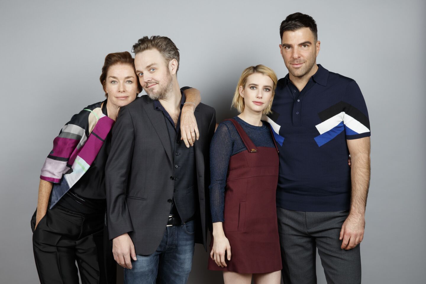 Julianne Nicholson, left, director Matthew Newton, Emma Roberts and Zachary Quinto from the film "Who We are Now."