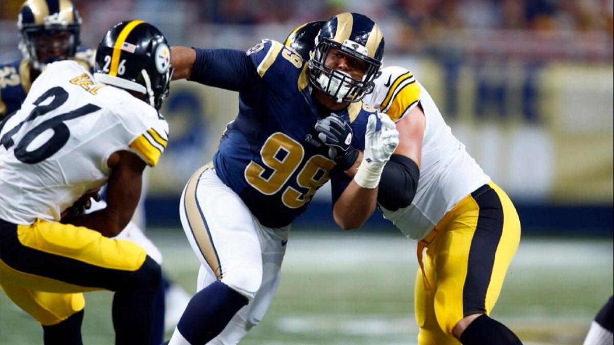 Rams defensive tackle Aaron Donald breaks into the Steelers' backfield during a game on Sept. 27.