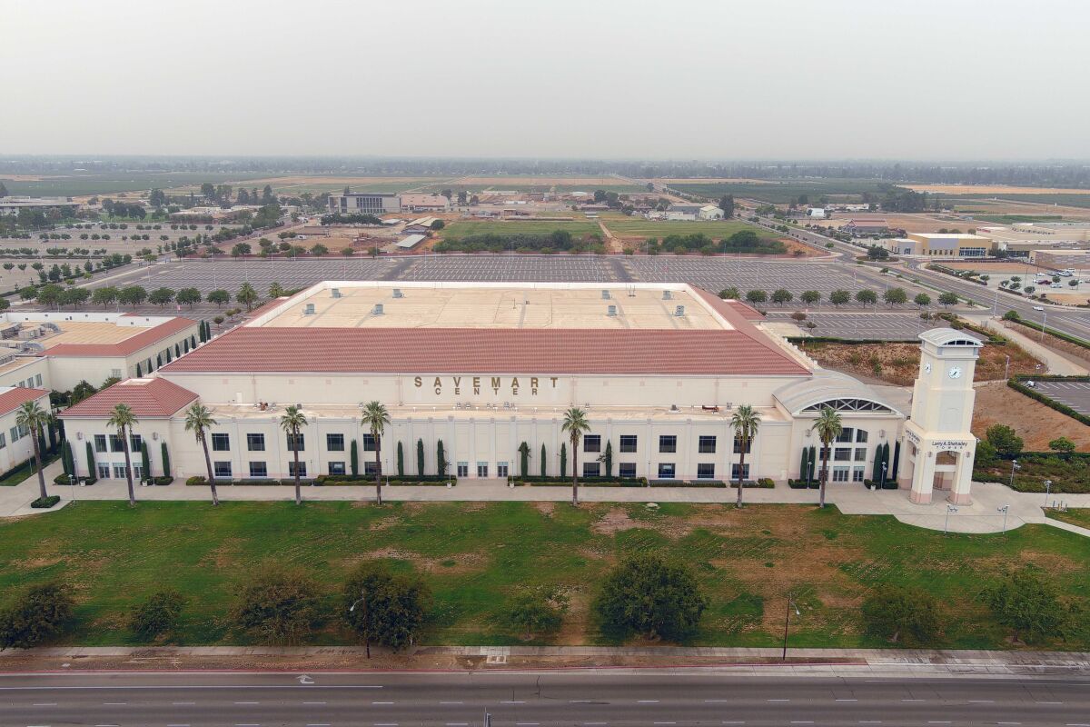 A general view of the Save Mart Center on the campus of Fresno State, Thursday, Sept. 10, 2020, in Fresno, Calif.