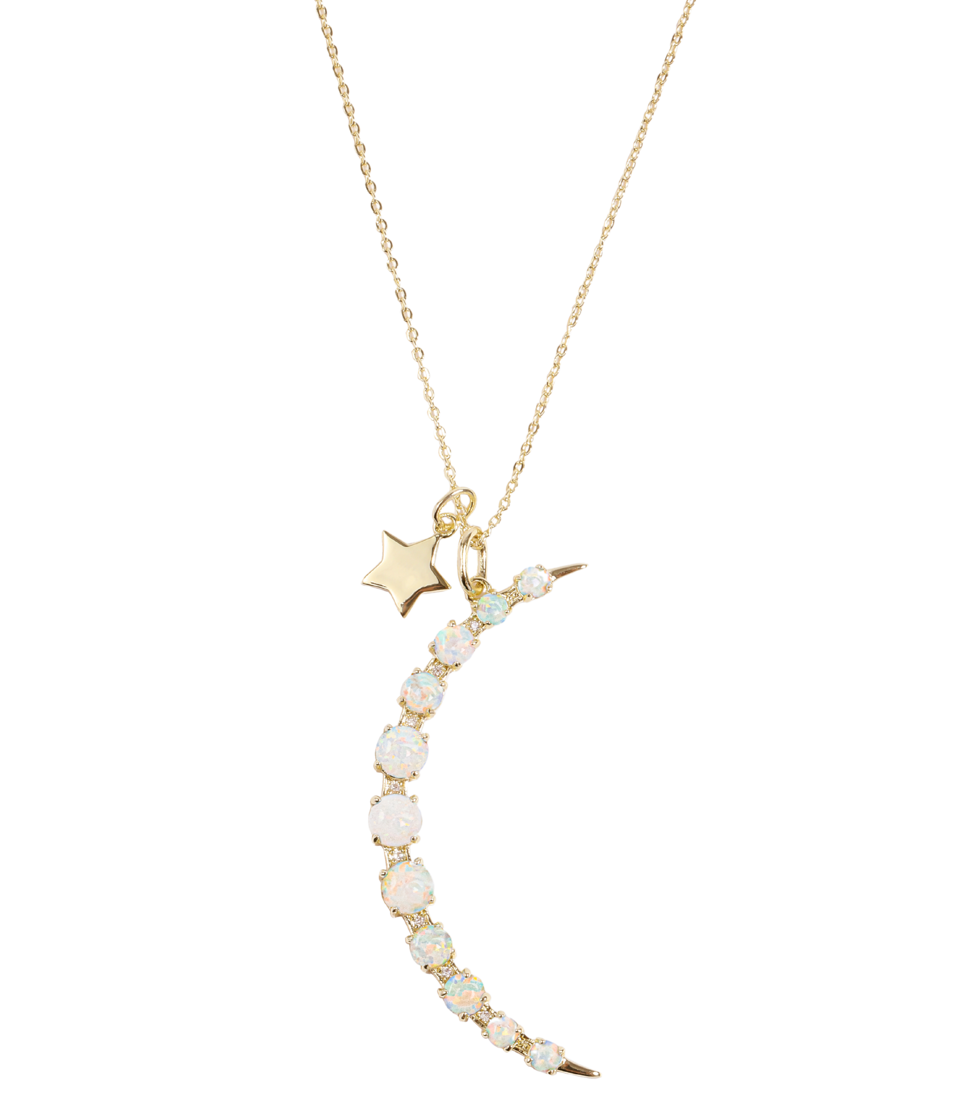Melinda Maria's white opal necklace with a crescent moon and a small gold star