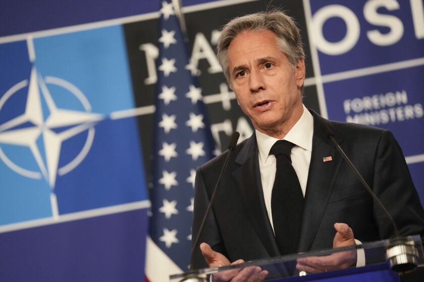 U.S. Secretary of State Antony Blinken speaks at a press conference following the NATO foreign ministers meeting n Oslo, Norway, Thursday, June 1, 2023. (AP Photo/Sergei Grits)