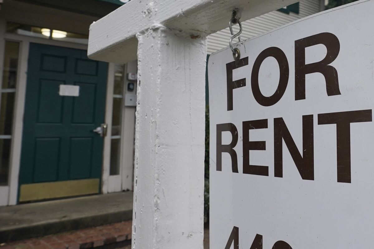 A For Rent sign is posted in Sacramento, Calif., Wednesday, Jan. 27, 2021.  