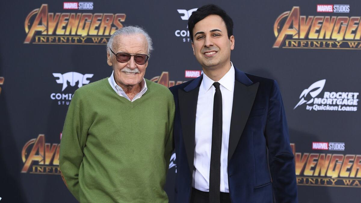 Stan Lee, left, and Keya Morgan arrive at the world premiere of "Avengers: Infinity War" in Los Angeles on April 23, 2018,