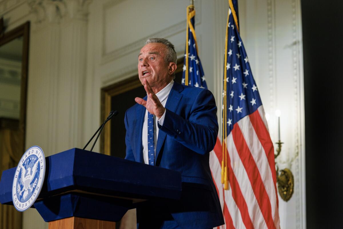 Presidential candidate Robert F. Kennedy Jr. speaks at the Nixon Library on June 12.