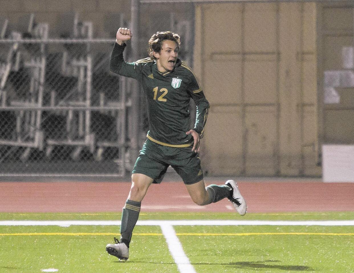 Edison's Dominic Bair celebrates the game's first goal during a CIF Southern Section Division 1 second-round match against Mission Viejo on Wednesday at Mission Viejo.